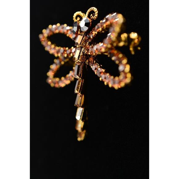 WM Vintage Dragonfly Crystal Pin Brooch Brown Rhinestone Gold Signed AS IS BinAJ - Picture 3 of 12